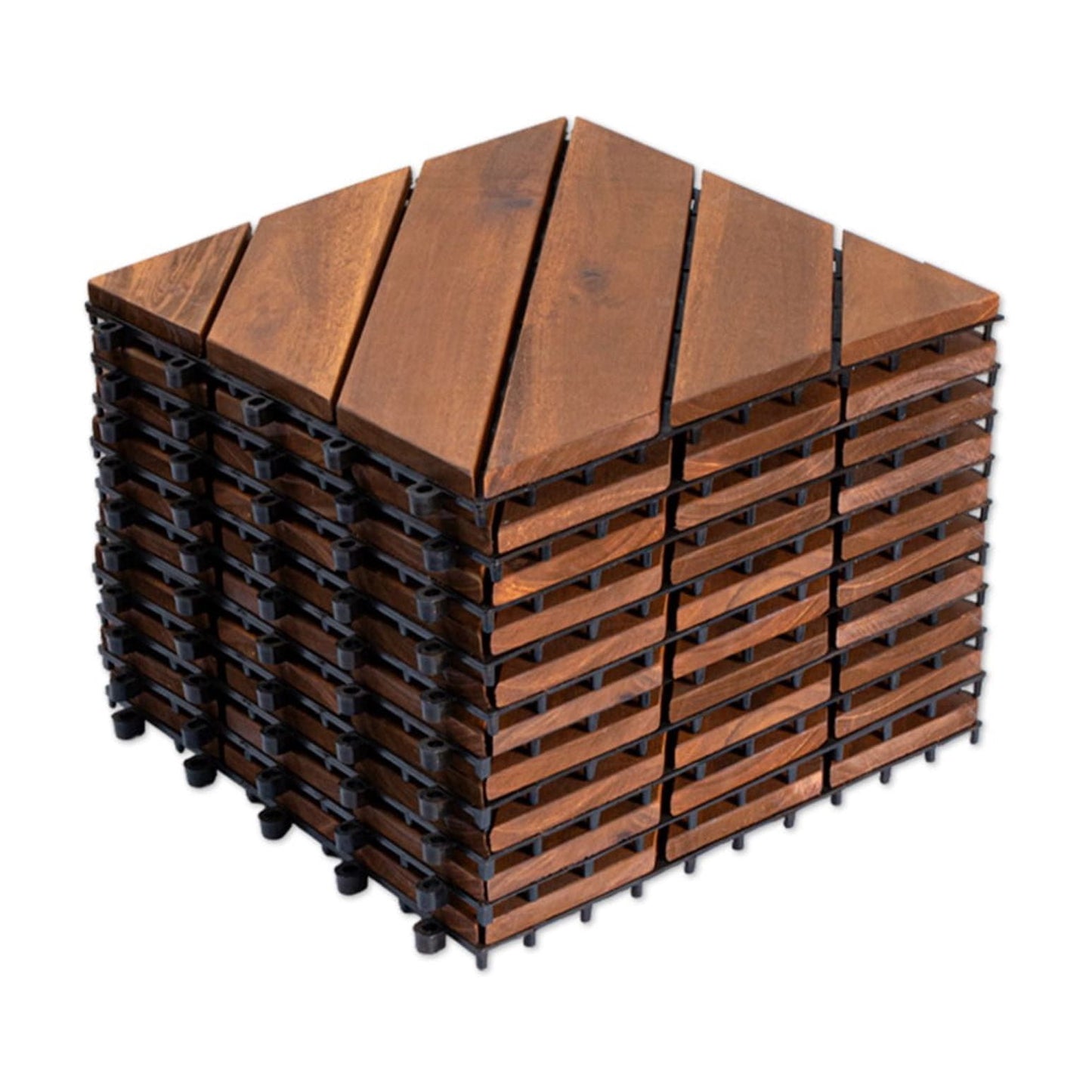 10‑Pack Diagonal Pattern Interlocking Acacia Wood Deck Tiles, 12â€Ã—12†Waterproof All‑Weather Outdoor Flooring Tiles for Patio Garden Pool Balcony Porch