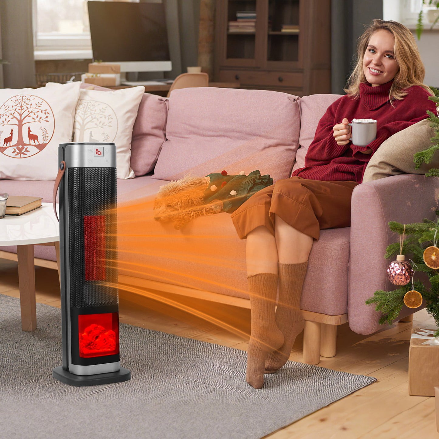1500W Oscillating Tower Space Heater with 3D Flame, 90°Wide-Angle 323 Sq.Ft Heater with 1℃ Precision Thermostat & Remote, Overheat/Tip-Over Protection Portable Heater for Home Bedroom Office