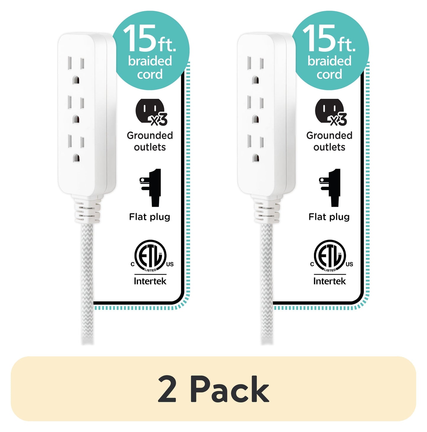 (2 pack) Cordinate 15ft. 3-Outlet Braided Extension Cord, Gray/White – 50011