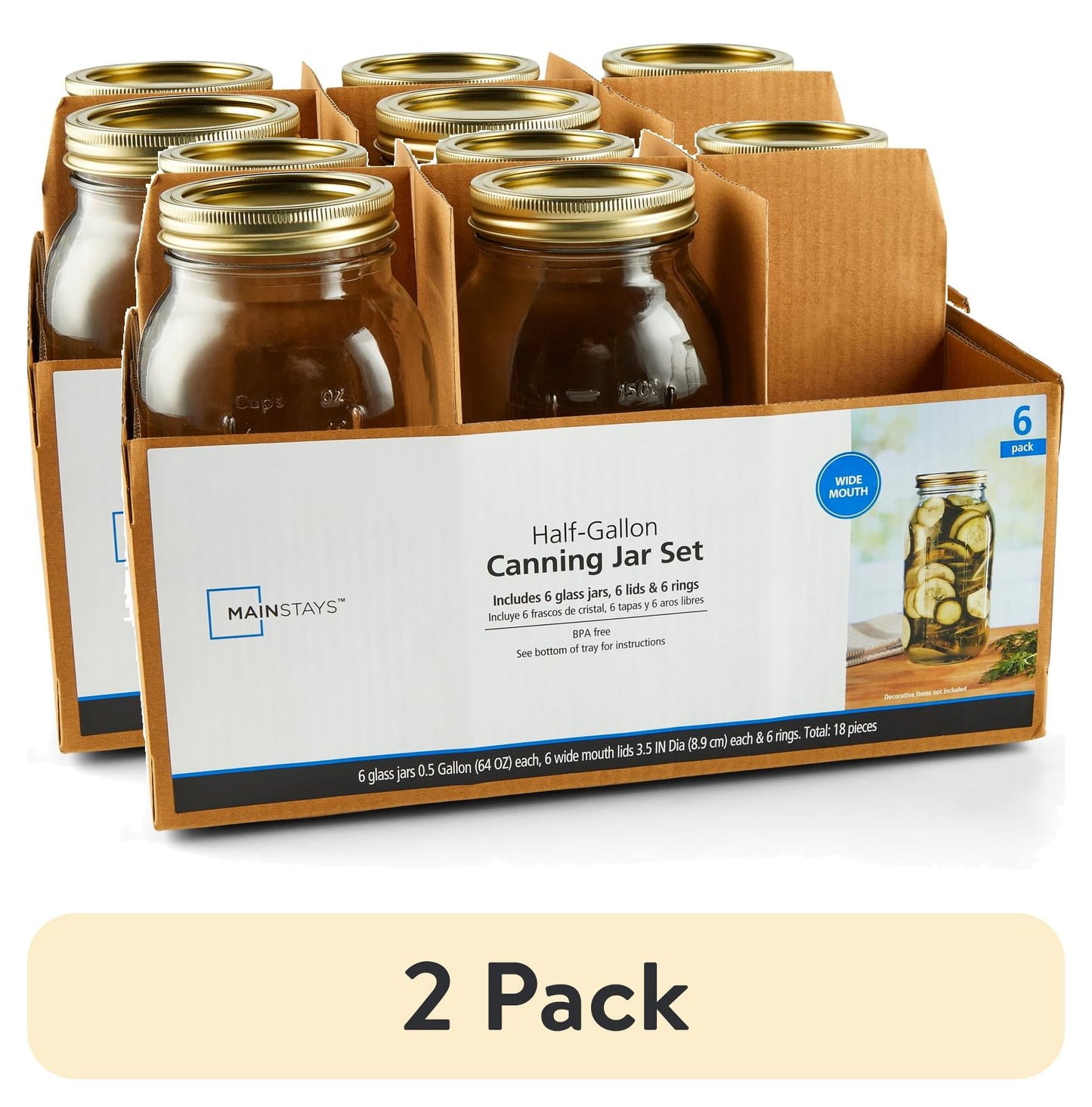 (Paquete de 2) Frascos Mason de 64 oz Mainstays, Frascos de Conservas de Medio Galón de Boca Ancha con Tapas y Anillos, Paquete de 6 Frascos de Vidrio Extra Grandes para Conservas en el Hogar y Almacenamiento en la Despensa