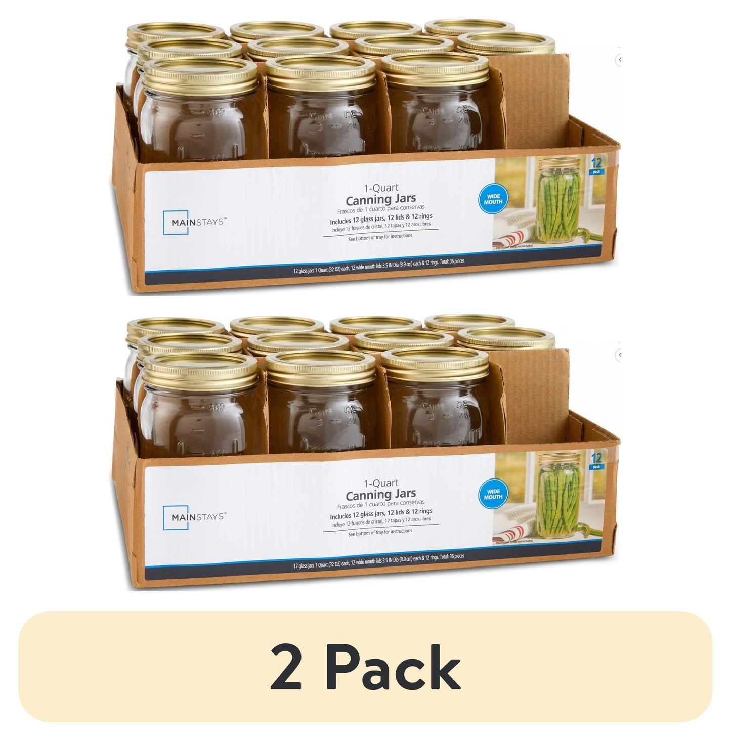 Mainstays Frascos Mason de 32 oz, Frascos de Boca Ancha de un Cuarto con Tapas y Anillos, Paquete de 12 Frascos Grandes de Vidrio para Enlatado y Fermentación en el Hogar