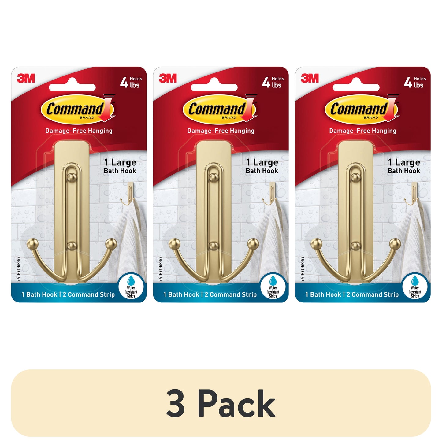 (3 pack) Command Bath Large Satin Brass Double Hook, Holds 4 lb, Bathroom Organization, 1 Hook