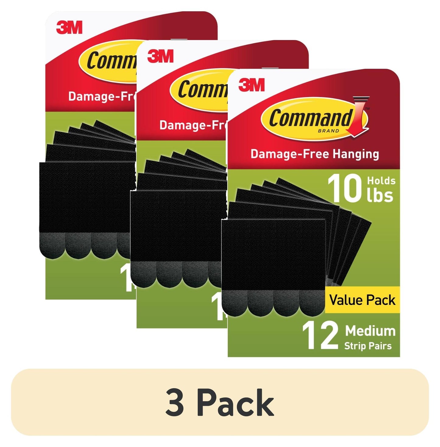 (Paquete de 3) Ganchos Medianos para Fotos Command, Soporta 10 lbs, Negro, Colgar sin Daños, 12 Pares de Tiras Adhesivas