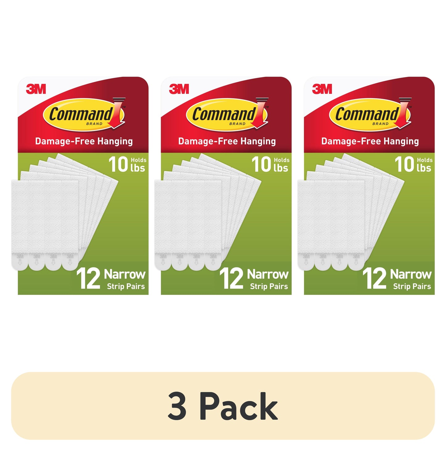 (3 pack) Command Narrow Picture Hangers, Holds 10 lb, White, 12 Pairs Adhesive Strips