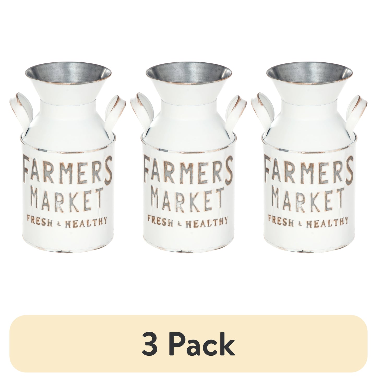 (3 pack) Mainstays Farmers Market Metal Milk Jug Décor with Handles, White, 10.4" H