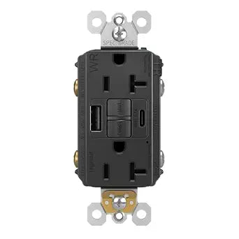 Legrand 20 Amp Hospital Grade GFCI USB Type A/C Wall Outlet Black 1 Pack