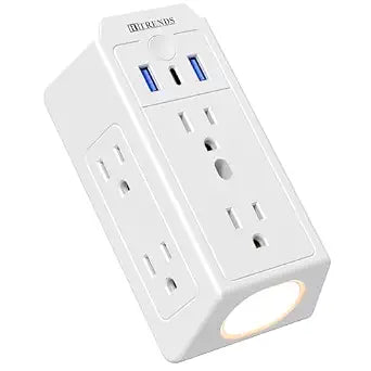 Wall Outlet Extender with Night Light, 6 Outlets, USB-C + 2 USB-A, White