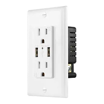 15 Amp USB Outlet with Dual USB-A Ports,White, 1 Pack