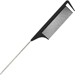 9.3'' Rat Tail Comb for Hair Stylist, Parting Combs for Braiding hair, Rattail Comb with Metal Stainless Steel Pintail for Sectioning, Teasing and Styling (Black)