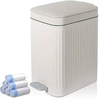 Small Bathroom Trash Can with Lid, 1.9 Gallon Soft Close Step, Off-White