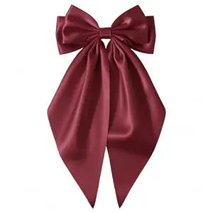 Burgundy Red Oversized Satin Hair Bow Clip with Long Tails for Women