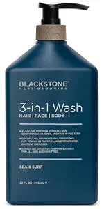 Blackstone Men's Grooming 3-in-1 Wash for Men | Cleanses & Conditions Hair, Body, & Face | For All Skin & Hair Types | With Coconut Oil, Vitamin B5 and Caffeine - Sea & Surf (32 Fl Oz)