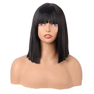 MapofBeauty 12 Inch Straight Bob Flat Bangs Short Party Wig, Black