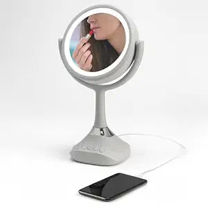 Homewerks 76-101-BT 7.5-inch Personal Makeup Mirror with Bluetooth Speakers and LED Lighting, Handheld Bluetooth Vanity Mirror with Lights for Bathrooms, Bedrooms, or Dorm Room Essentials