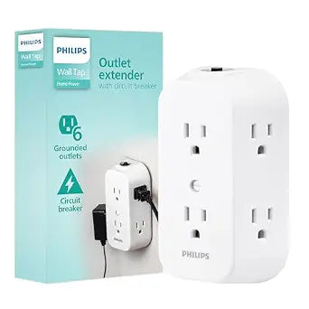 Philips Outlet Extender, 6 Outlet Multi Plug Wall Power Splitter