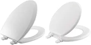 Bemis 1500EC 000 Toilet Seat with Easy Clean & Change Hinges, Elongated, Durable Enameled Wood, White and BEMIS 400TTA 000 Economy Toilet Seat, Durable Enameled Wood, ROUND, White