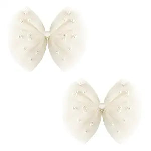 2 PCS Pearl Hair Bows Hair Clips for Toddler Girls - Elegant Ivory Lace Veil Hair Accessories for Birthday, Wedding, Halloween, Thanksgiving, and Christmas Occasions(Ivory)