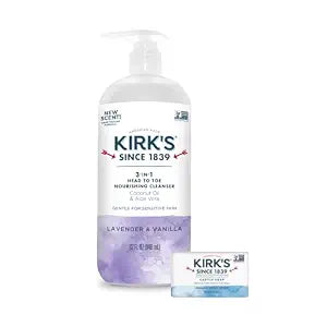 Kirk's Lavender & Vanilla 3-in-1 Nourishing Cleanser and Travel Bar Soap, Shampoo Body Wash Bubble Bath, Coconut Oil and Aloe Vera, Vegan Non-GMO, 32 Fl Oz