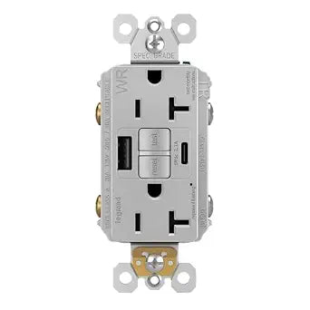 Legrand 20 Amp Hospital Grade GFCI USB Type A/C Wall Outlet Gray 1 Pack