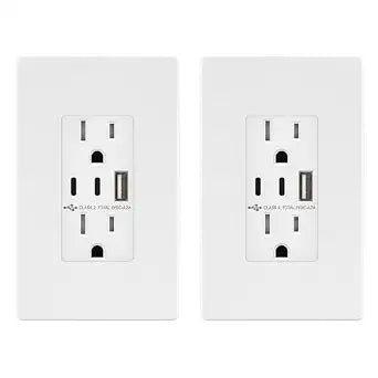 TOPGREENER 4.2A 3-Port Type C USB Outlet, 15 Amp Receptacle, White, 2 Pack