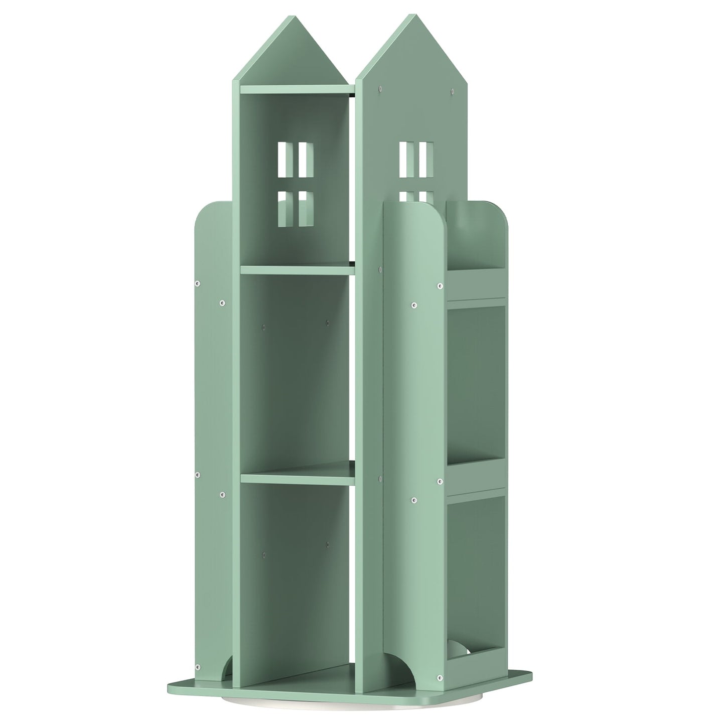 360° Rotating Kids Bookshelf, Olive Green Engineered Wood House-Shaped Bookcase, 38in Tall Storage Organizer for Bedroom, Playroom, Living Room