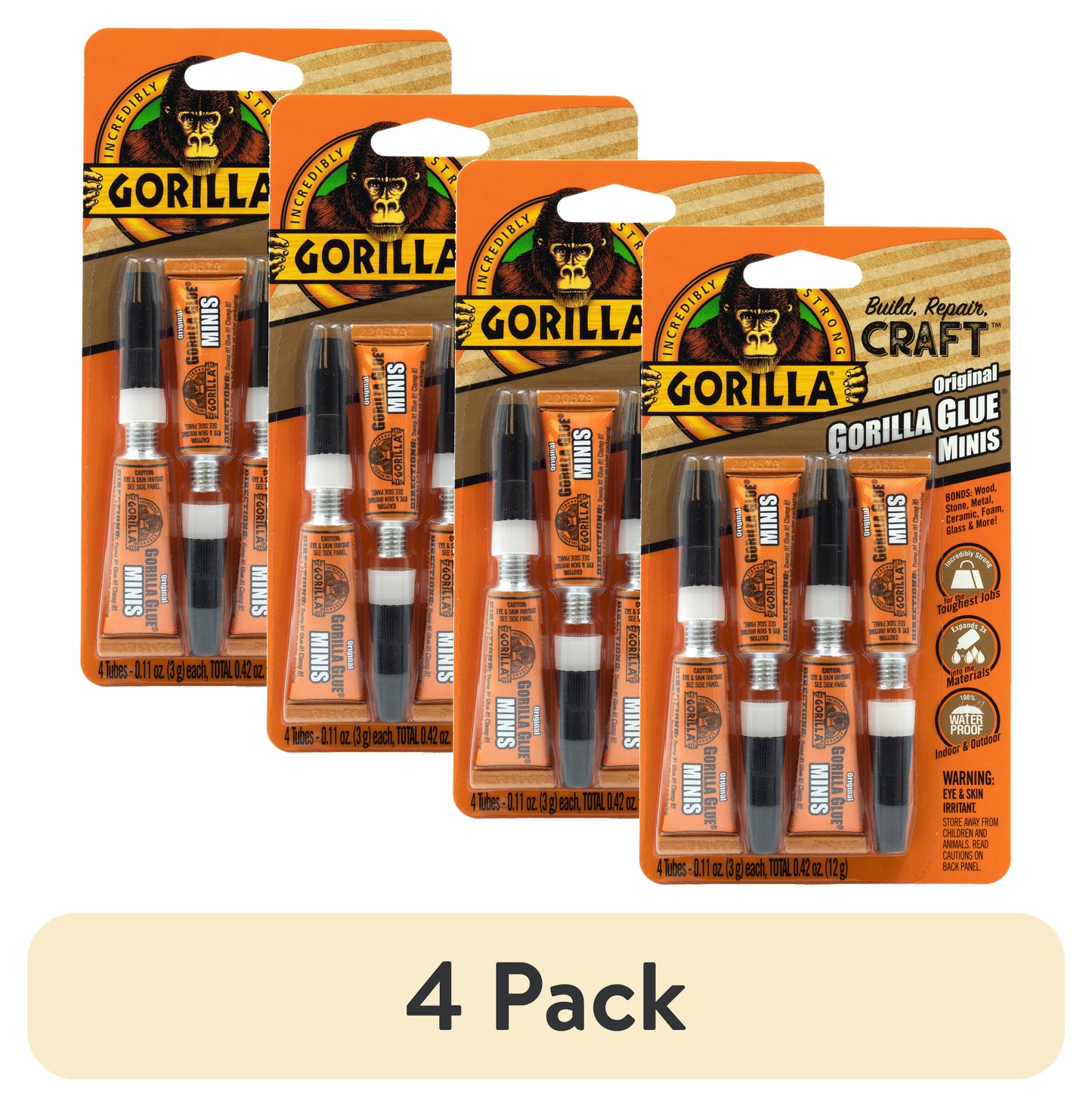 (4 pack) Gorilla Glue Pegamento de Poliuretano Marrón Original 3g (.11 Onzas) Tubos Mini, 4 pack