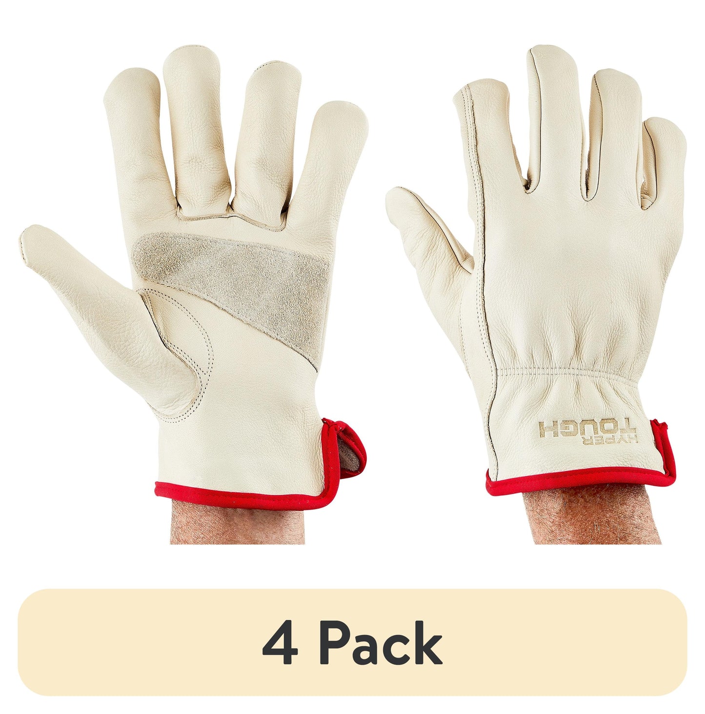 (4 pack) Hyper Tough Leather Work Gloves, 100% Cowhide Leather, Beige, Medium, HT1250M
