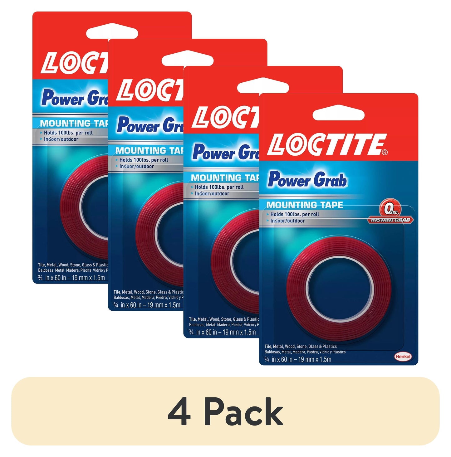 (4 pack) Loctite Power Grab Mounting Tape, 0.75 in x 60 in, Red 60 inches Roll