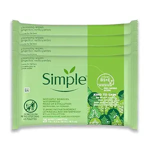Simple Kind To Skin Cleansing Makeup Remover Wipes - Vegan Facial Cleanser Wipes with Vitamin B5 and E - Removes Waterproof Makeup - 4 pc