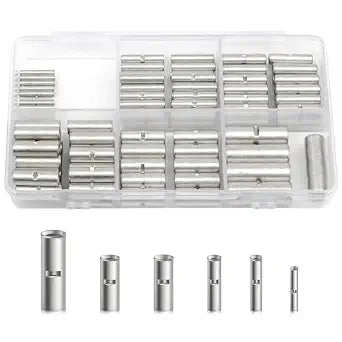 RED WOLF 26 to 8 AWG Uninsulated Bu-tt Connector Copper Wiring Ferrule Non-Insulated Wire Connector Kit Cable Connection Crimp Barrel Electrical Metal Terminal Bu-tts 6 Sizes (100 PCS)