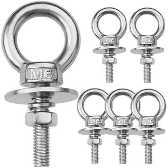 6 Pack M6 Stainless Steel Eye Bolts with Nuts, 1/4" x 1" Eye Bolts