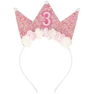 SuPoo Birthday Decorations for 3 Year Old Girl - Headband, Crown, Glitter Hair Band, Flower Princess Tiara Hair Accessory