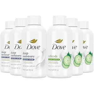 Dove Travel Body Wash, Deep Moisture 3-Pack + Refresh 3-Pack, 3 Oz Ea