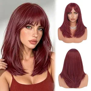 SOFEIYAN Long Straight Layered Wig Dark Red Burgundy Wigs with Bangs 16 Inch Natural Looking Soft Heat Resistant Synthetic Medium Length Hair Wigs for Women Daily Party Use