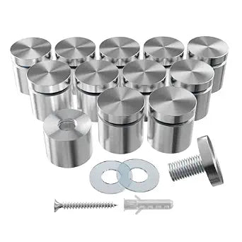 12-Pack Stainless Steel Standoff Screws with Wall Anchors & Rubber Pads Sign Mounting Hardware for Acrylic Signs, Photo Frames, Advertising Boards, Silver (1" x 1" / 25mm x 25mm)