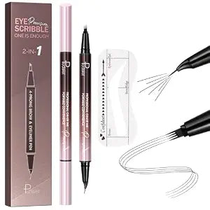 Waterproof Microblading Eyebrow Pen,2-in-1 Dual Ended Eyebrow Pen & 10 Eyebrow Stamp,4-Fork-Tip & Precise Brush-Tip for Natural Hair-Like Brows, Perfect Eyebrows Makeup. (natural brown)