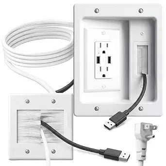 in-Wall Cable Management Kit, Recessed TV Outlet Box with Dual AC + 2 USB Ports, 9ft Power Cord, Wall Cable Hider Pass Through, TV Cord Concealer for Wall Mounted TV, Home Theater