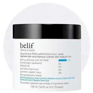 belif PHA 2% Toner Pads ��� Gentle Exfoliating Facial Polish for Pore Care, Hydrating & Soothing with Panthenol & Cica, Ideal for Sensitive Skin, Korean Skincare (70 Count) (70 Pads, New Formula)