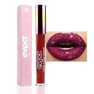 evpct 1Pcs Dark Red Glitter Metallic Shimmer Diamond Lipstick Lip Gloss Stain Set for Women Long Lasting Waterproof, Hot Bright Red Sparkle Glitter Matte long wear Liquid Lipstick Lip Makeup Kit