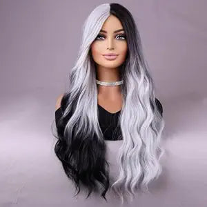 BERON Black White Wig Long Wavy Split Wigs for Women Long Curly Black White Wig for Party Halloween or Cosplay