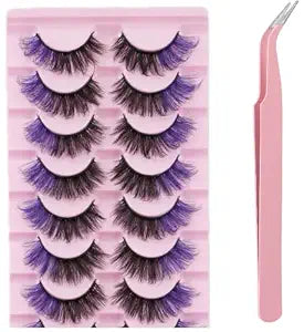 False Eyelashes Reusable Natural Look Easy Daily Use Voluminous Lashes for Party Perfect for Makeup Hypoallergenic +Pink tweezers (Purple+Black)
