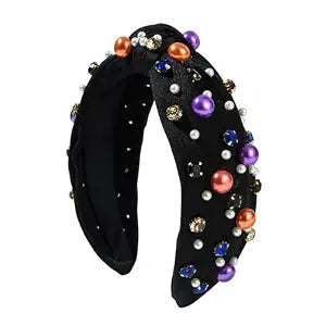 Halloween Pearl Knotted Headband for Women Girls Non Slip Rhinestone Embellished Hair Hoop Halloween Headbands Hair Accessories Gift (Black)