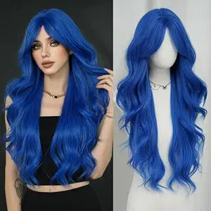 7JHH WIGS 31in Blue Heat Resistant Long Wavy Wig with Curtain Bangs