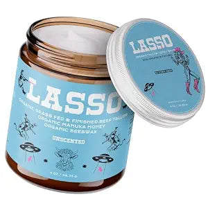 LASSO Beef Tallow Face Moisturizer with Grass-Fed/Finished Beef Tallow for Skin, Manuka Honey and Beeswax, Unscented and Manuka Honey Balm