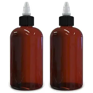 BRIGHTFROM Twist Top Applicator Bottles, 8 OZ Amber, Squeeze Empty Round Plastic Bottles, BPA-Free, PET, Refillable, Open/Close Nozzle (Black) - Multi Purpose (Pack of 2)