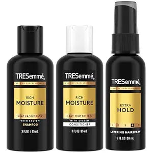 TRESemmé Travel Shampoo, Conditioner & Hairspray – Rich Moisture Hair Products + Non-Aerosol Hair Spray, 24H Frizz Control (3 Piece Set)