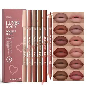 6 Pcs Double Ended Lip Liner and Lipstick Combo Set, Creamy Matte Waterproof Lip Pencil Kit, Nude Brown Ombre Shades for Overlined, Fuller, Sculpted & Plumper Lips