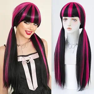 7JHH WIGS Wigs 28in Long Straight Wig Halloween Lolita Double Ponytail Wig for Women Black Wig with Rose Pink Highlight Cosplay Party wigs High Temperature Heat Resistant Fiber Natural Hairline Wig
