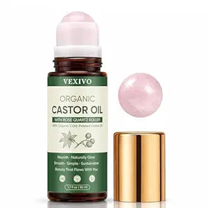 Vexivo Organic Castor Oil Roll-On, Organic Castor Oil Rose Quartz Roller Ball, 100% Pure, Unscented, Hexane-Free,Amber Glass Bottle for Skin, Brows & Lashes 1.7oz