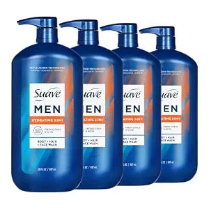 suave+ Men Hydrating 3-in-1 Body + Hair + Face Wash with Glycerin & Vitamin E, Cleanse, Moisturize, Refresh, No Parabens or Pthalatates, Long-Lasting Fragrance, 30 FL OZ, 6 Count